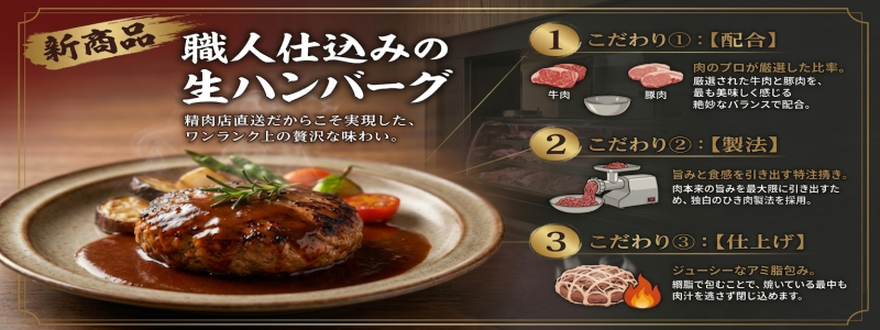 オーエムツー肉の市場　新商品「極上生ハンバーグ」のご案内